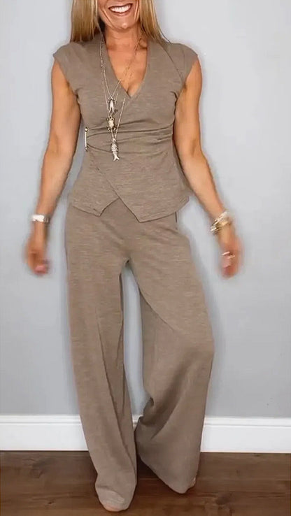 Damen elegantes Wickeloberteil mit weit geschnittenen Hosen Stalluxe