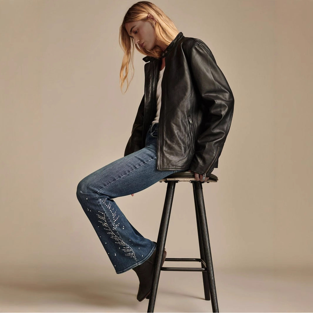 Damen Bootcut Jeans mit funkelnden Strass-Applikationen Stalluxe