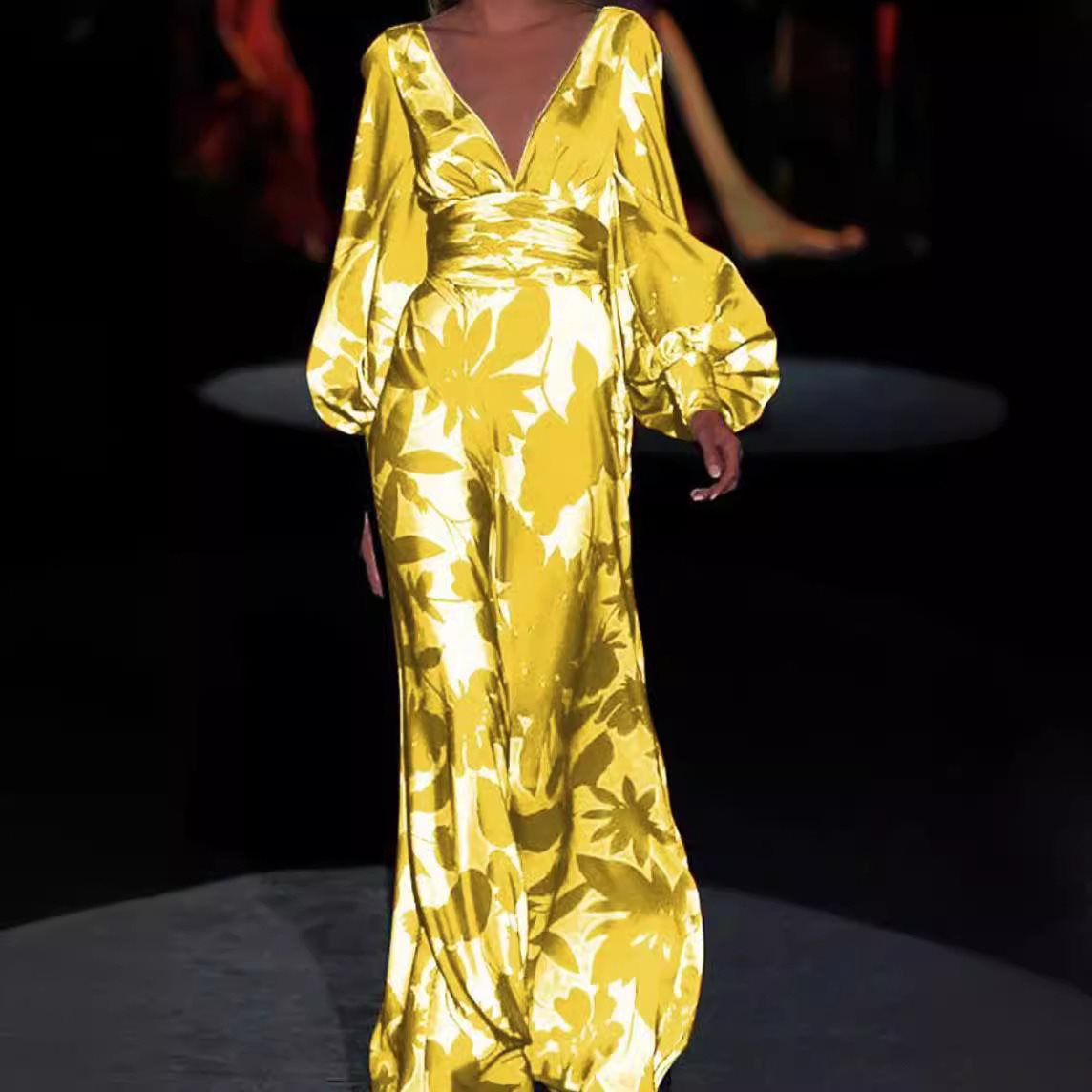 Damen Maxikleid mit tiefem V-Ausschnitt und voluminösen Ärmeln Stalluxe