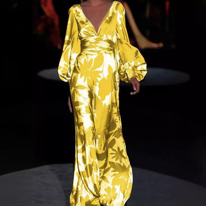 Damen Maxikleid mit tiefem V-Ausschnitt und voluminösen Ärmeln Stalluxe