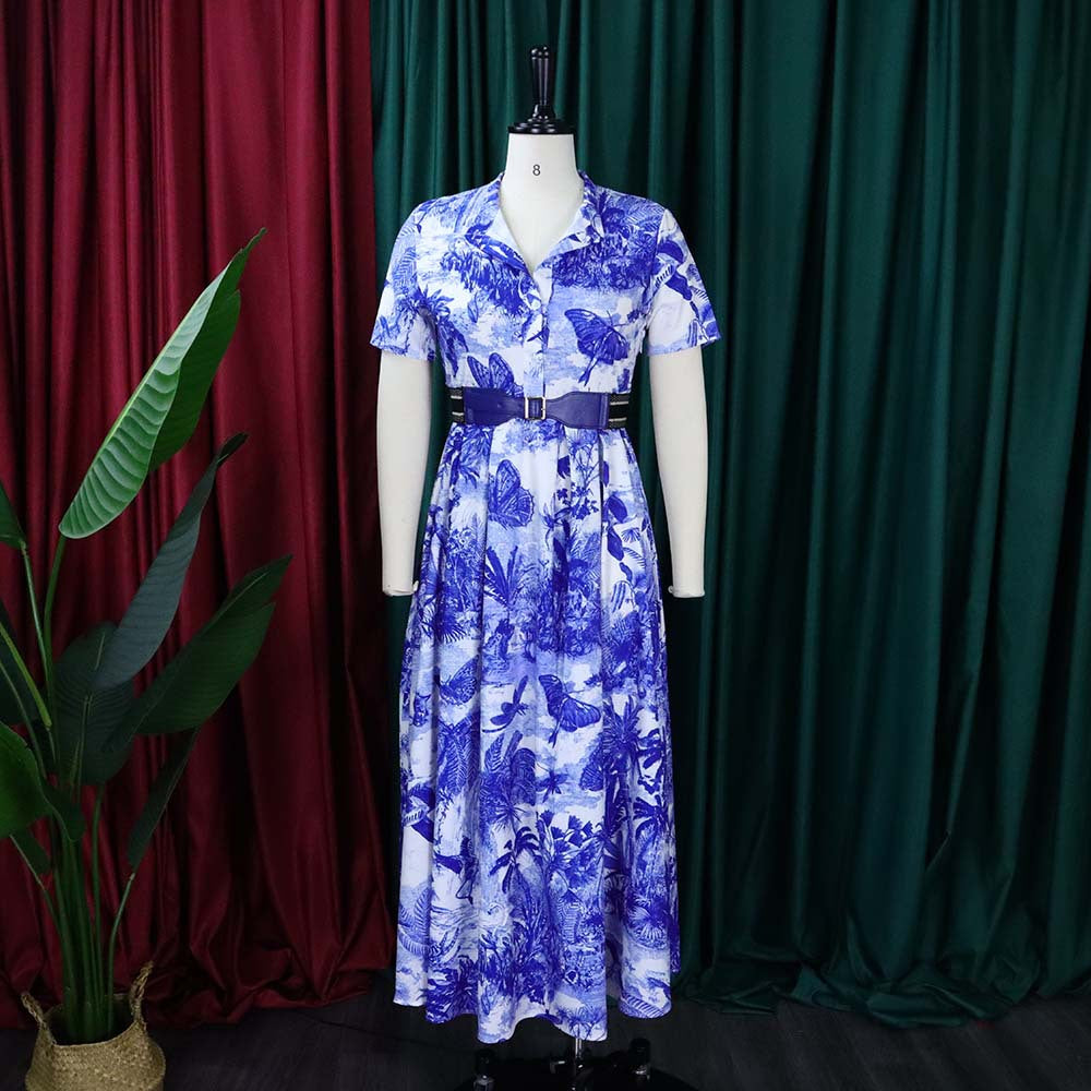 Damen Maxi-Kleid mit botanischem Druck und tailliertem Gürtel Stalluxe