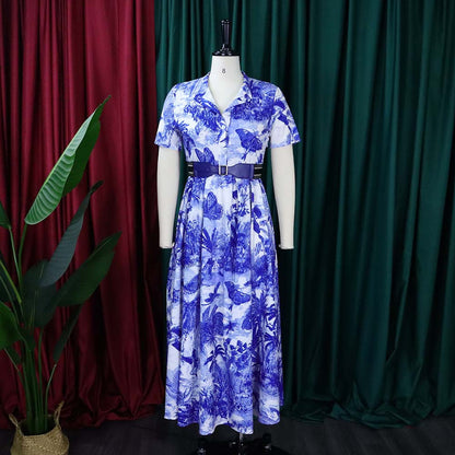 Damen Maxi-Kleid mit botanischem Druck und tailliertem Gürtel Stalluxe