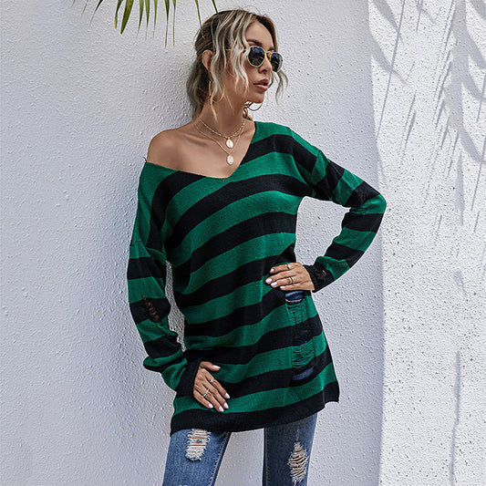 Damen gestreifter Oversized Pullover mit tiefem V-Ausschnitt und trendigen Cut-Outs Stalluxe