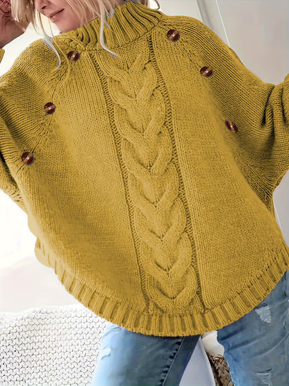 Damen Lockere Strickpullover mit hohem Kragen und dekorativen Knöpfen Stalluxe