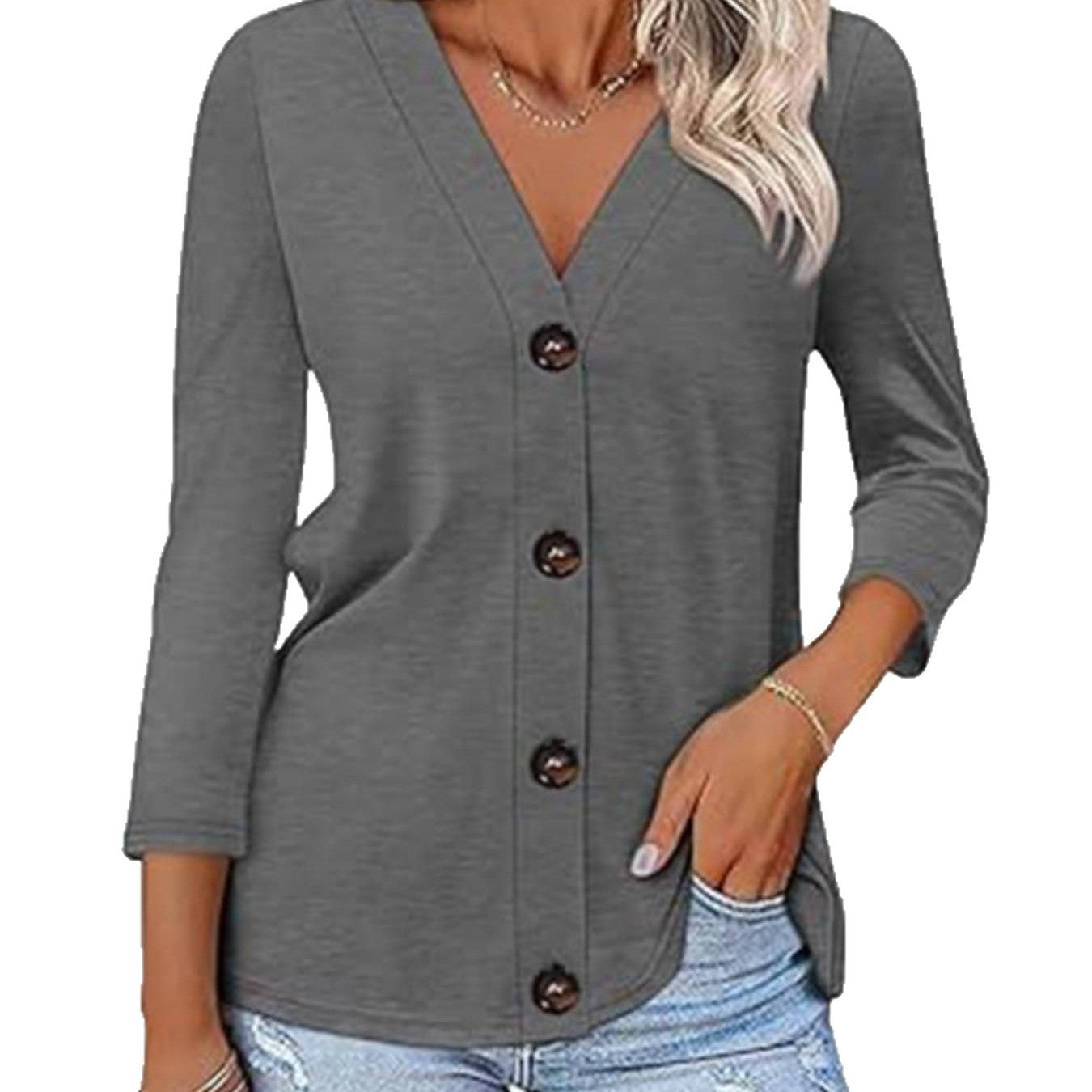Damen Bluse mit V-Ausschnitt und Knopfleiste Stalluxe