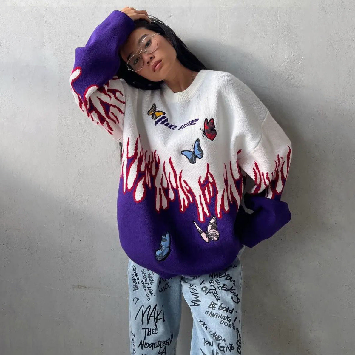 Damen Grobstrickpullover mit einzigartigem Flammen- und Schmetterlingsdesign Stalluxe