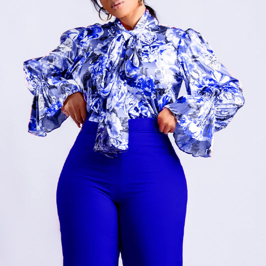Damen Schlupfbluse mit großflächigem Blumendruck und Stehkragen Stalluxe