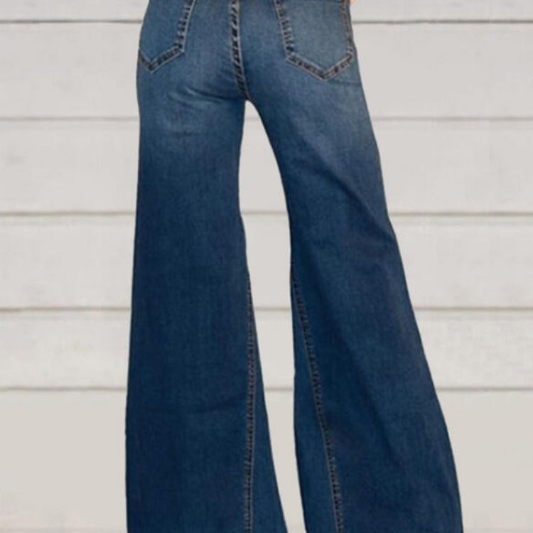 Damen weit geschnittene Denim-Hose mit hohem Bund Stalluxe