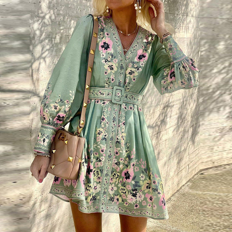 Damen elegantes Blumenkleid mit Taillengürtel und Puffärmeln Stalluxe