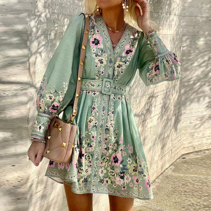 Damen elegantes Blumenkleid mit Taillengürtel und Puffärmeln Stalluxe