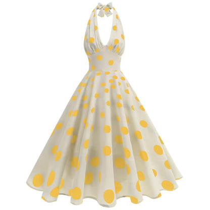 Damen Retro Maxikleid mit fröhlichen Punkten und elegantem Halterdesign Stalluxe