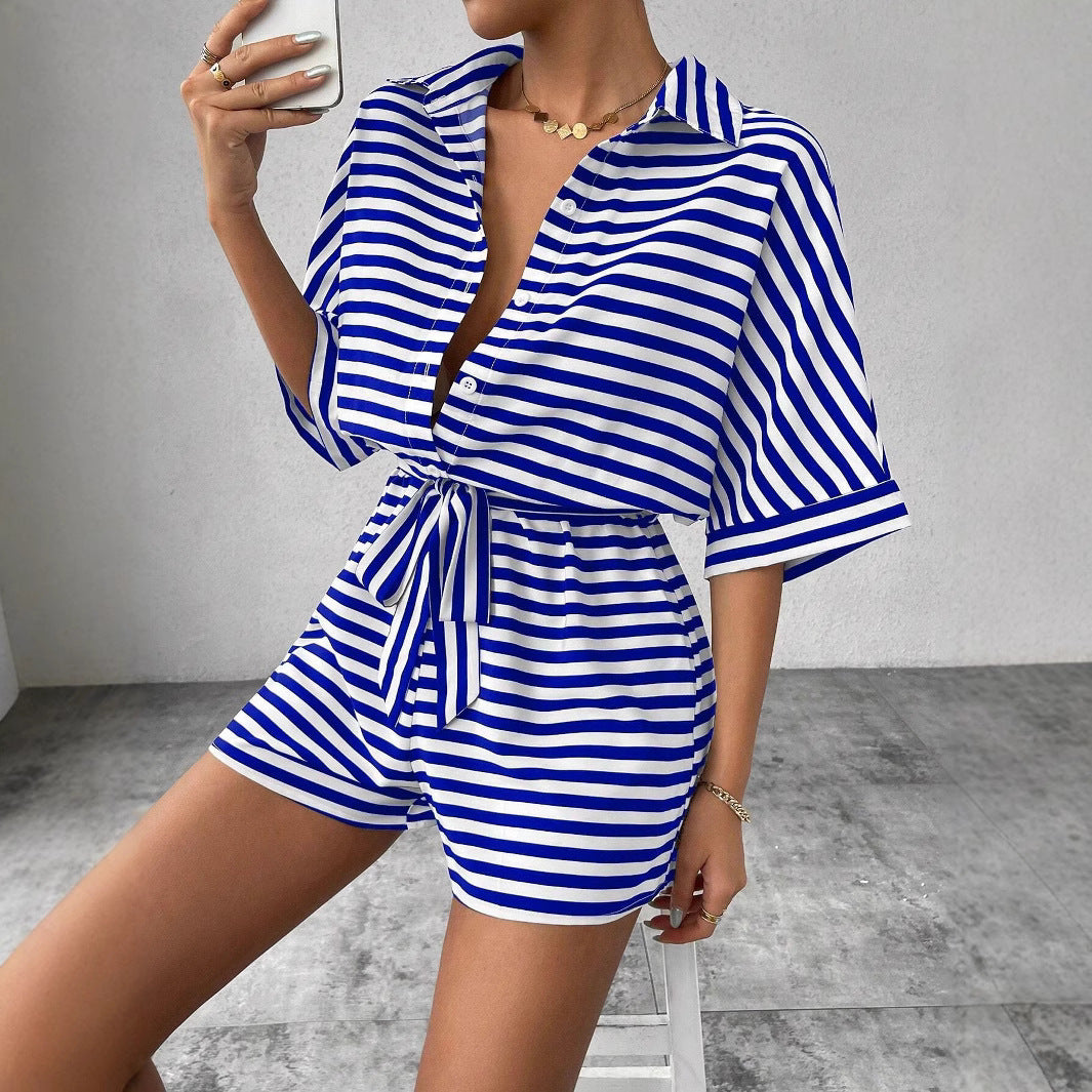 Damen Rompershirt mit modernen Streifen und taillierendem Gürtel Stalluxe
