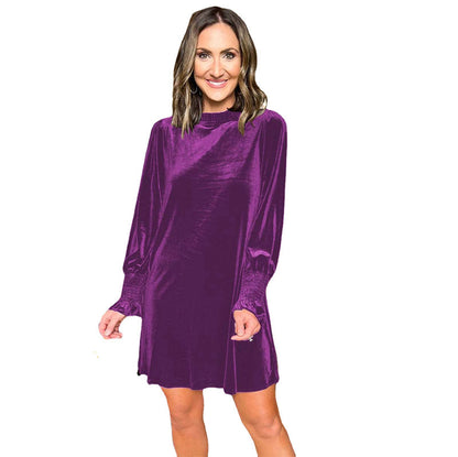 Damen Elegantes Samt-Kleid mit langen, puffigen Ärmeln und steigendem Kragen Stalluxe