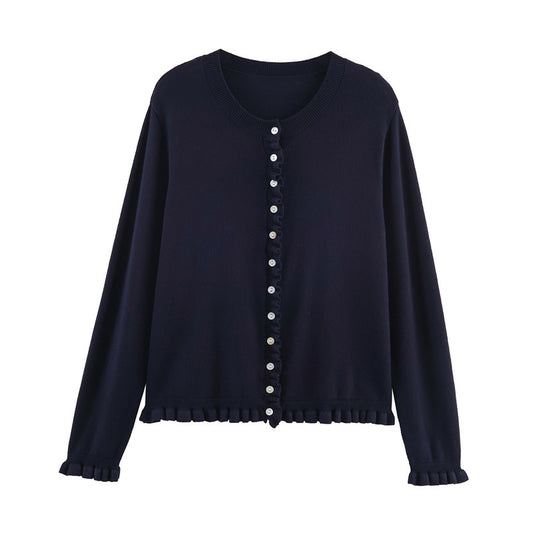 Damen modische gestreifte Strickjacke mit Rüschensaum und Knopfdetails Stalluxe