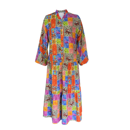 Damen Maxikleid im Boho-Stil mit buntem Patchwork-Design und weiten Ärmeln Stalluxe