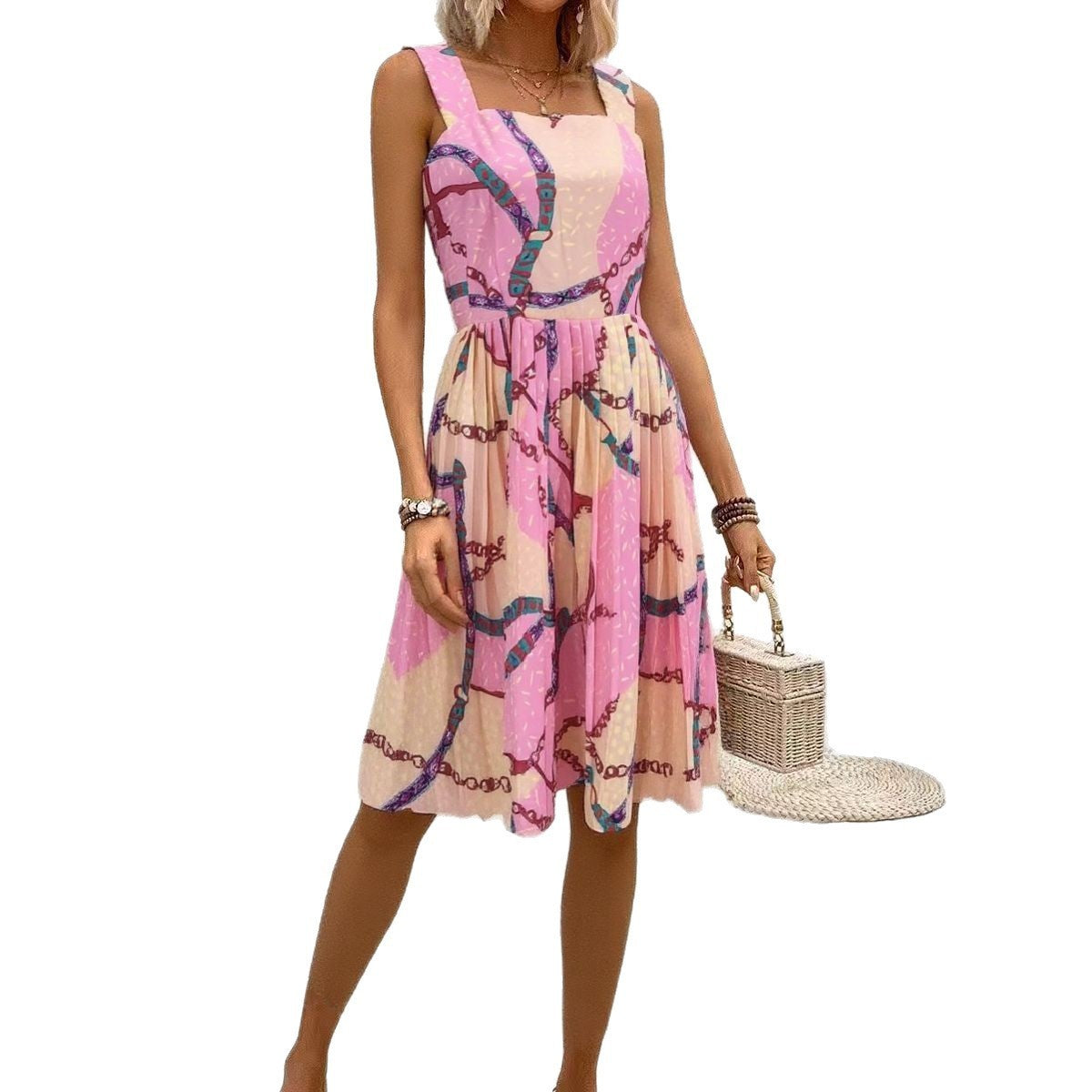 Damen Midikleid mit quadratischem Ausschnitt und verspieltem Kettenmuster Stalluxe
