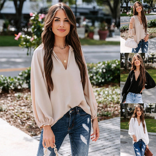 Damen Bluse mit tiefem V-Ausschnitt und eleganten Puffärmeln Stalluxe