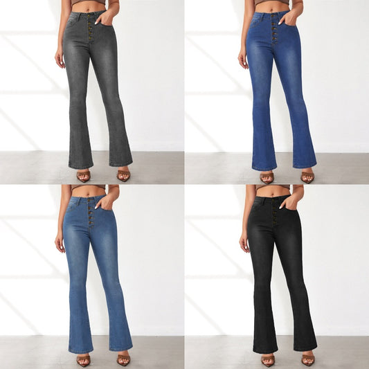 Damen Flared Jeans mit hohen Bund und modischen Knopfdetails Stalluxe
