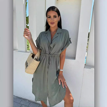 Damen Kurzarm Hemdblusenkleid mit Taillenzug Stalluxe