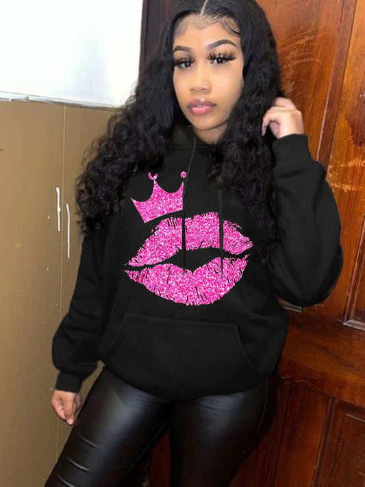 Damen Kapuzensweatshirt mit auffälligem Lippenmotiv und Krone Stalluxe