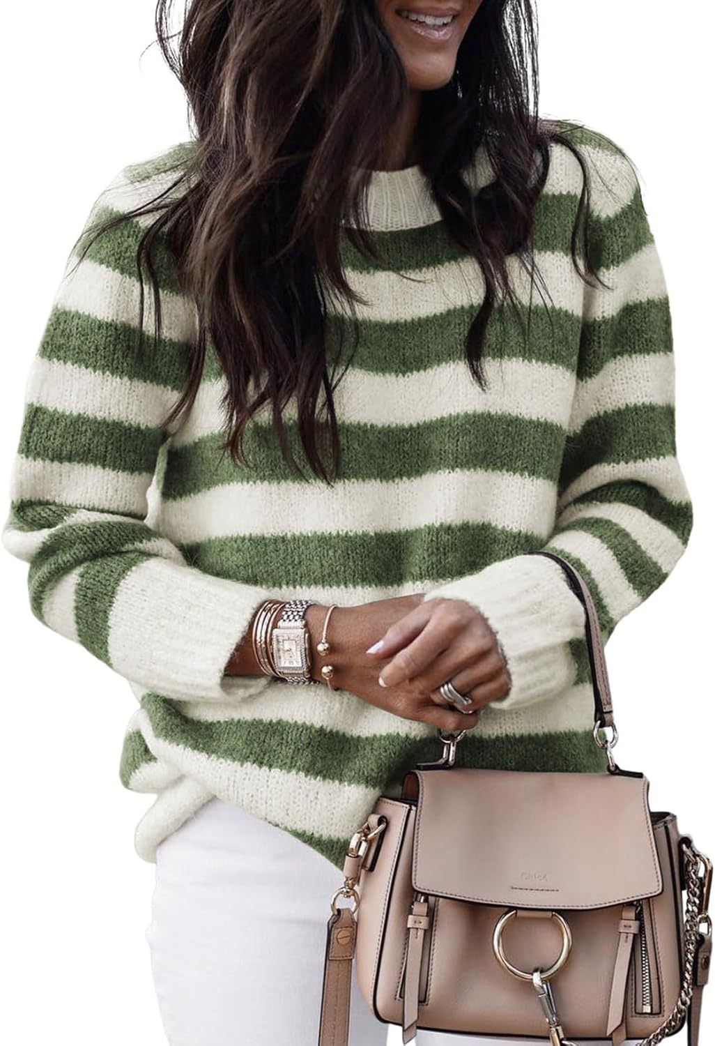 Damen lässiger Strickpullover mit breiten Querstreifen Stalluxe