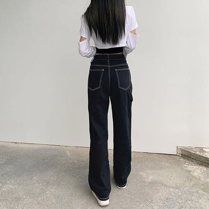 Damen weite Jeans mit modischen Kontrastnähten Stalluxe