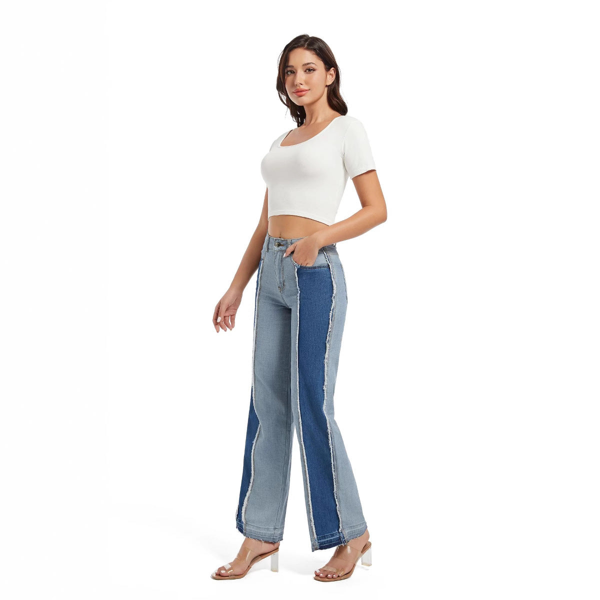 Damen Weit geschnittene Jeans im kontrastierenden Denim-Design Stalluxe