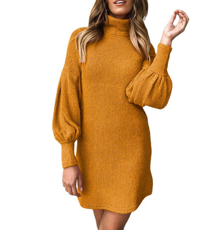 Damen kuscheliges Rippstrickkleid mit hohem Kragen und Puffärmeln Stalluxe