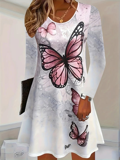 Damen Kleid mit kunstvollem Schmetterlingsdruck und luftiger Silhouette Stalluxe Weiß