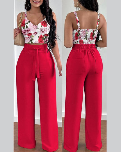 Damen lässiges Set bestehend aus floralem Oberteil mit Rüschen und weitem Hosen Stalluxe