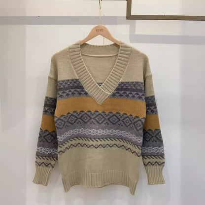 Damen Strickpullover mit modernem Grafikdesign und V-Ausschnitt Stalluxe