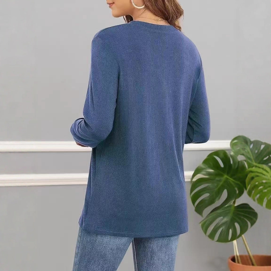 Damen lässiges Langarmshirt mit Knopfleiste und feiner Struktur Stalluxe