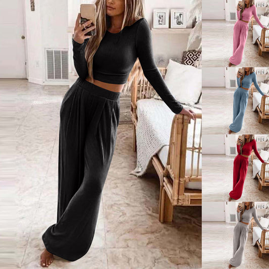 Damen Elegantes Lounge-Set mit langärmeligem Oberteil und weiten Hosen Stalluxe