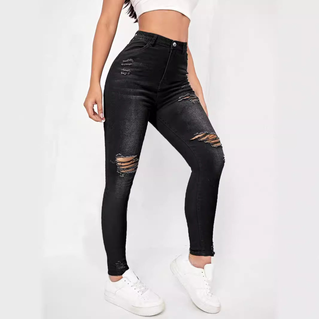 Damen Skinny Jeans mit modischen Rissdetails und hohem Bund Stalluxe