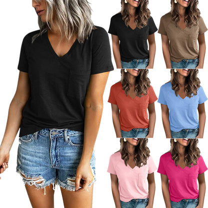 Damen V-Ausschnitt T-Shirt mit Brusttasche Stalluxe