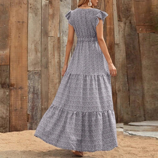 Damen Maxikleid mit zarten Rüschendetails und tieferem V-Ausschnitt Stalluxe
