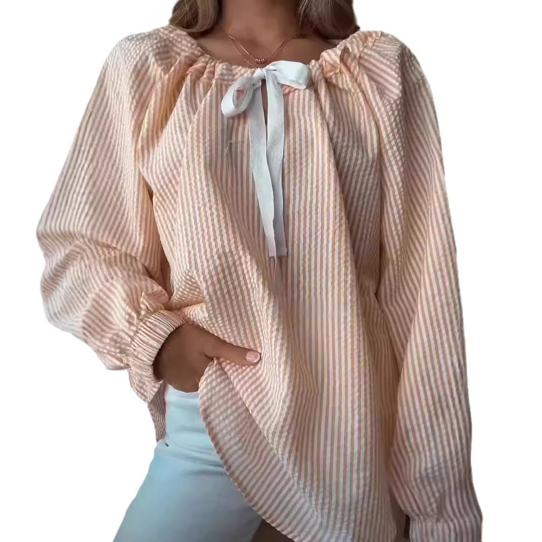 Damen Blusenshirt mit elastischem Puffärmel und dekorativem Bindeband Stalluxe