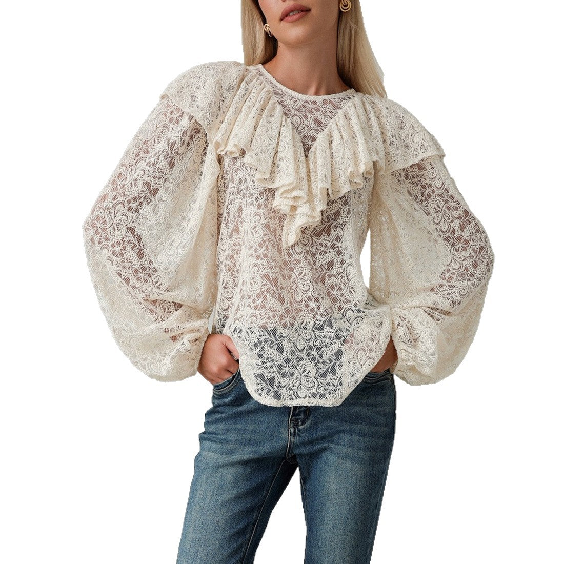 Damen Bluse mit voluminösen Rüschen und Spitzenmuster Stalluxe