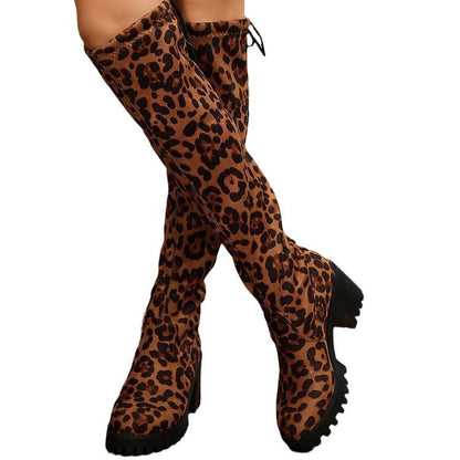 Damen Überknee-Stiefel mit modischem Leopardenmuster und robustem Blockabsatz Stalluxe