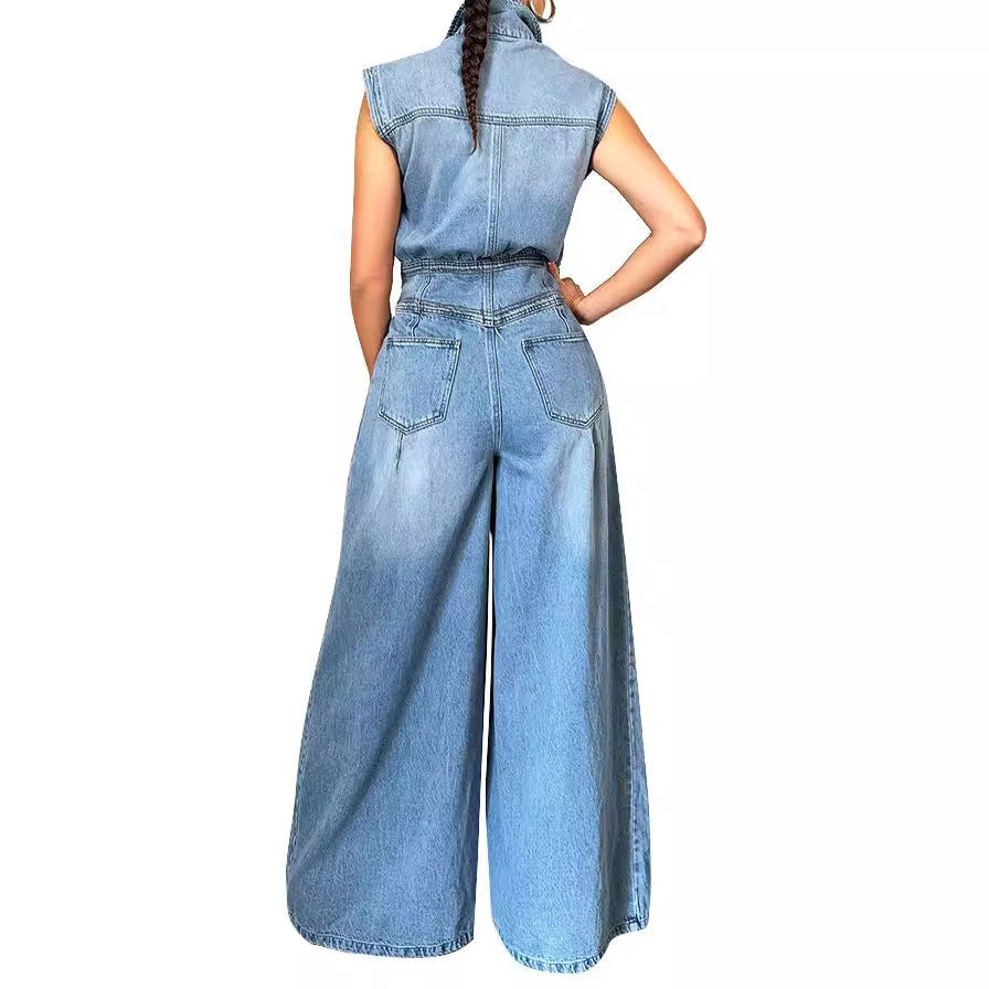 Damen Jeans-Einteiler mit weiten Beinen und Schulterklappen Stalluxe