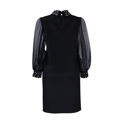 Damen Kleid mit transparenten Ärmeln und Perlenverzierung Stalluxe Schwarz