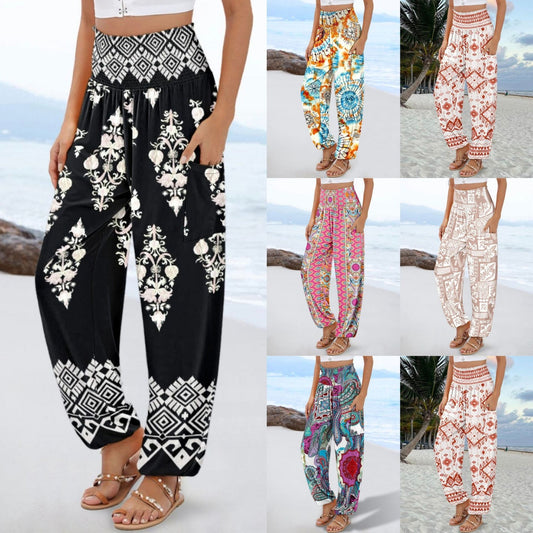 Damen weite Palazzo-Hose mit buntem Paisleymuster und elastischem Bund Stalluxe