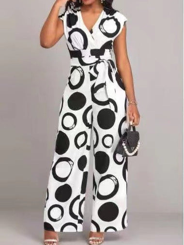 Damen Modischer Wide-Leg Jumpsuit mit Bindegürtel und grafischem Muster Stalluxe