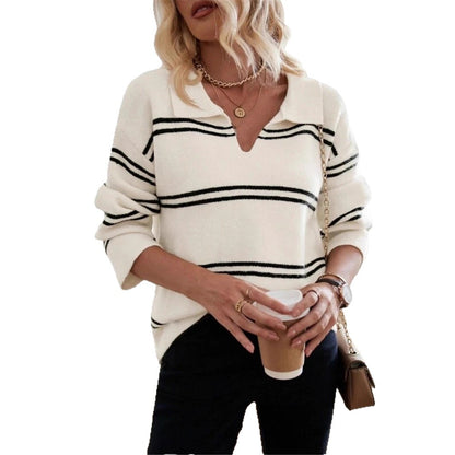 Damen lässiger Pullover mit Polo-Kragen und gestreiftem Design Stalluxe