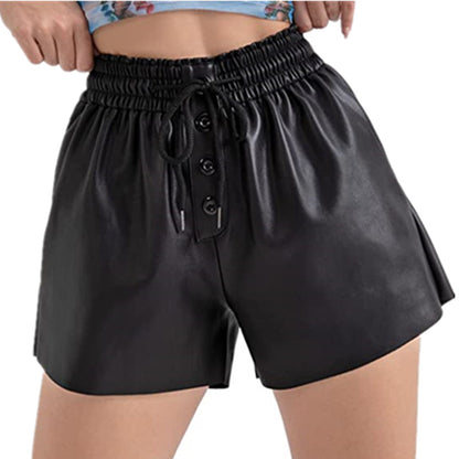 Damen lässige Shorts aus innovativem Kunstleder mit elastischem Bund und praktischen Knopfdetails Stalluxe