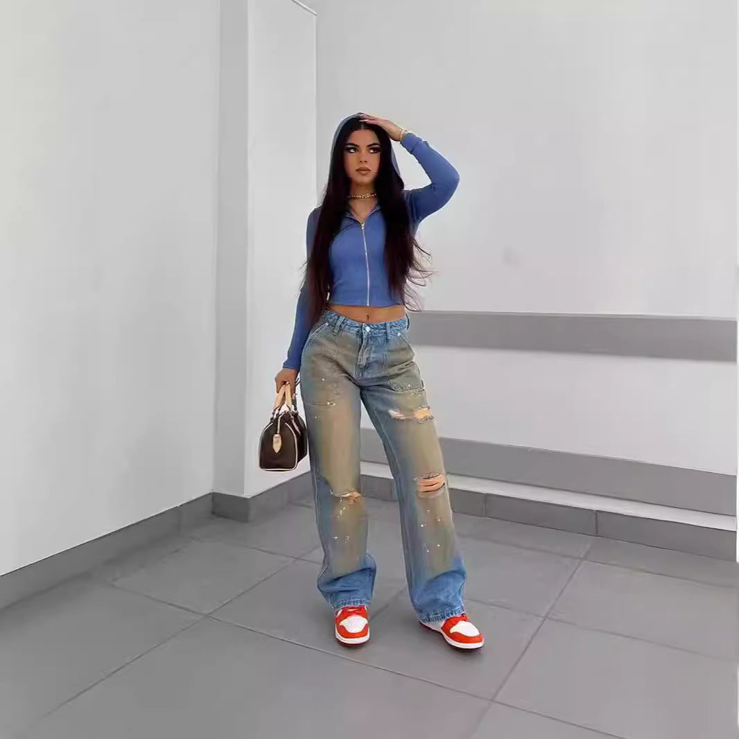 Damen Vintage Destroyed Jeans im Modischen Farbverlauf Stalluxe