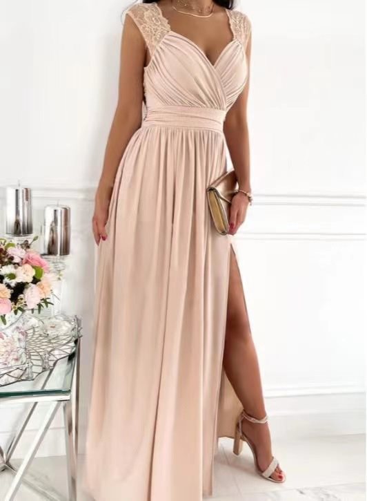 Damen elegantes Maxikleid mit Spitzenärmeln und seitlichem Schlitz Stalluxe