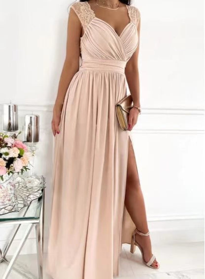 Damen elegantes Maxikleid mit Spitzenärmeln und seitlichem Schlitz Stalluxe