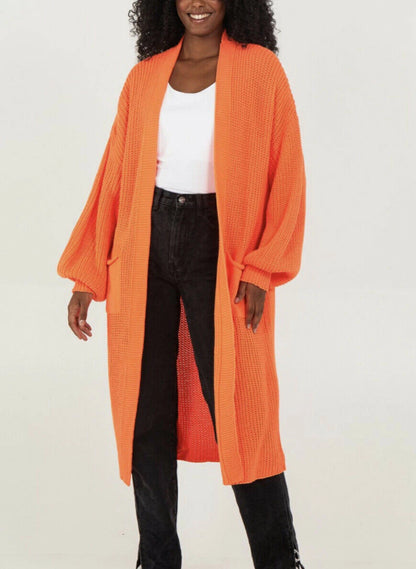 Damen Langer Strickcardigan mit voluminösen Ärmeln und offenem Schnitt Stalluxe