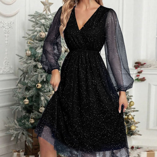 Damen Glänzende V-Ausschnitt Illusionsärmel Kleid Stalluxe